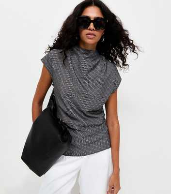 Grey Woven Check Pattern Cowl Neck Cap Sleeve Top
