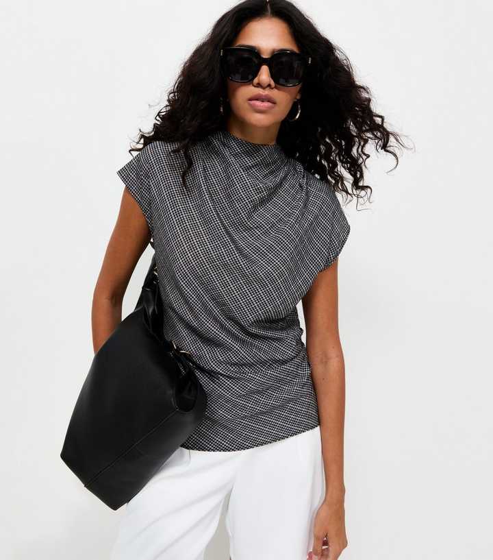 Grey Woven Check Pattern Cowl Neck Cap Sleeve Top