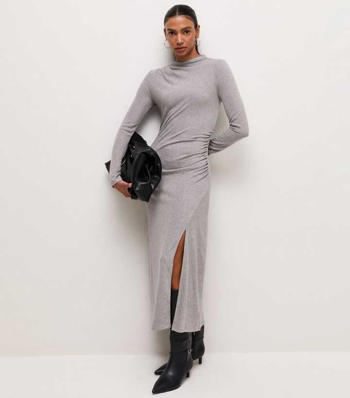 Dark Grey Jersey Long Sleeve Ruched Midi Dress