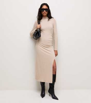 Light Mink Jersey Long Sleeve Ruched Midi Dress