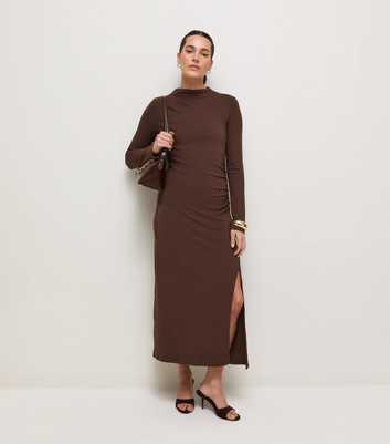 Dark Brown Jersey Long Sleeve Ruched Midi Dress