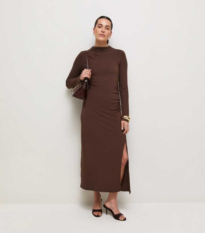Dark Brown Jersey Long Sleeve Ruched Midi Dress