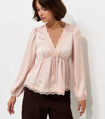 Pale Pink Satin Lace Trim Long Sleeve Blouse
