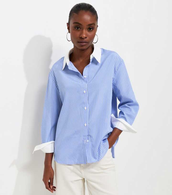 Blue Striped Contrast Collar Long Sleeve Shirt
