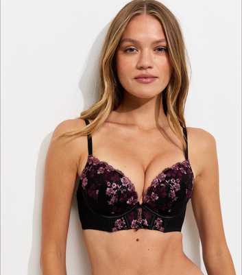Black and Purple Embroidered Floral Longline Bra