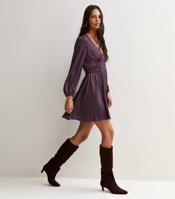 Purple Satin Animal Print Jacquard V Neck Long Sleeve Mini Dress