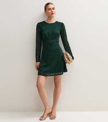 Dark Green Lace Long Sleeve Mini Dress