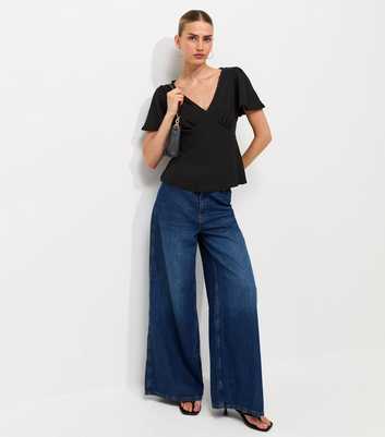 Black Crinkled Flutter Sleeve V-Neck Tea Top