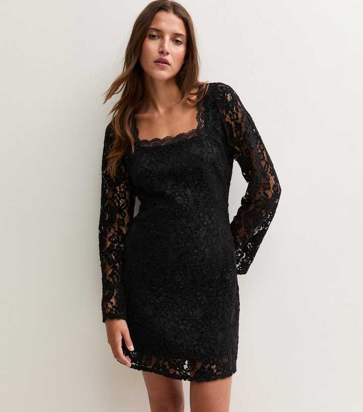 Black Lace Square Neck Long Sleeve Mini Dress