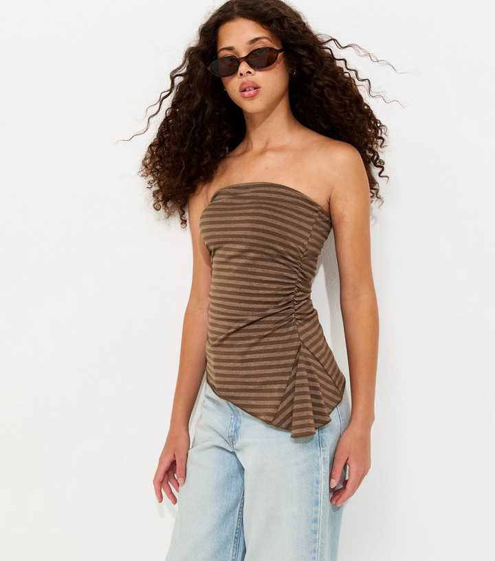 Girls Brown Cotton Rich Striped Asymmetric Hem Bandeau Top