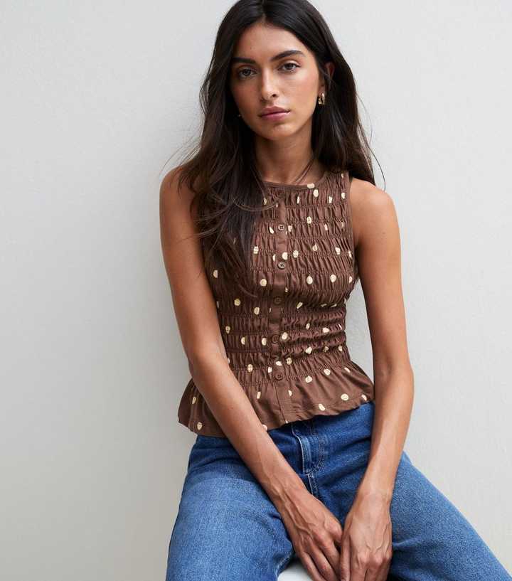Brown Cotton Spot Print Shirred Faux Button Front Top
