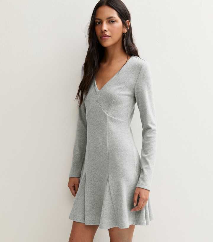 Light Grey Ribbed Knit Skater Mini Dress