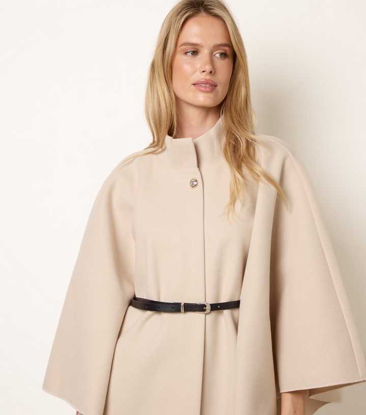 Blue Vanilla Oatmeal Belted Funnel Neck Short Cape Jacket