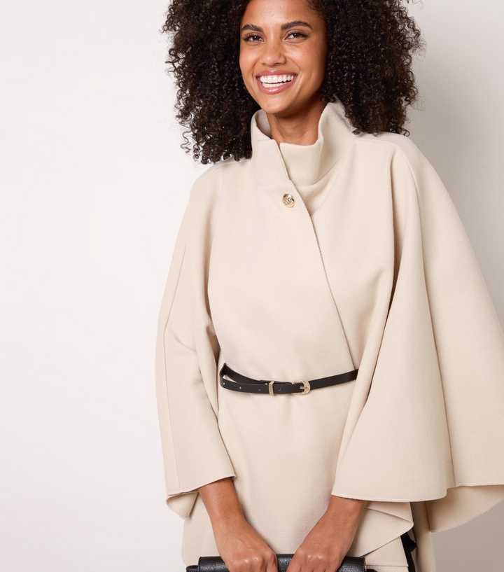 Blue Vanilla Oatmeal Funnel Neck Belted Cape