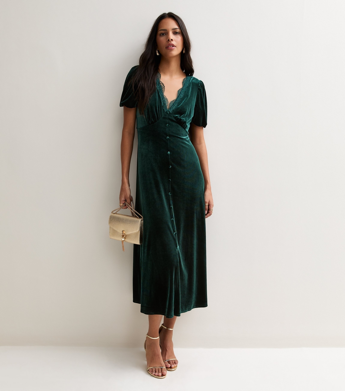 Women's Dark Green Velvet Lace Trim Empire Line Midi Dress New Look