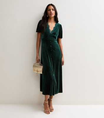 Dark Green Velvet Lace Trim Empire Line Midi Dress