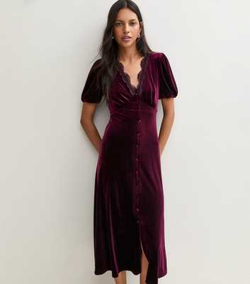 Dark Burgundy Velvet Lace Trim Empire Line Midi Dress