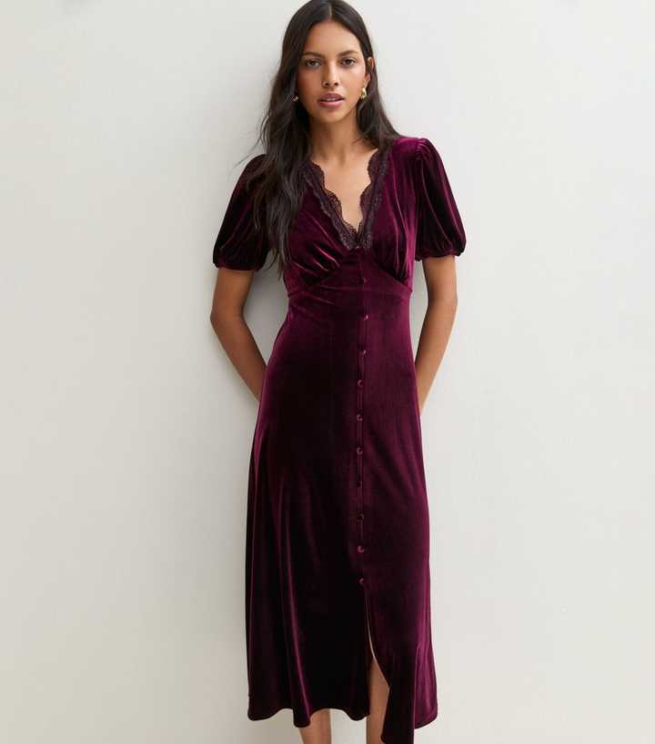Dark Burgundy Velvet Lace Trim Empire Line Midi Dress