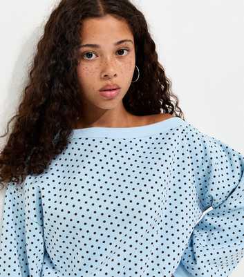 Girls Light Blue Cotton Rich Polka Dot Print Off Shoulder Sweatshirt