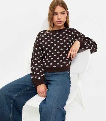 Girls Brown Polka Dot Slash Neck Jumper