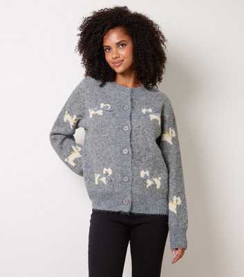 Blue Vanilla Grey Button Front Dog and Bow Cardigan