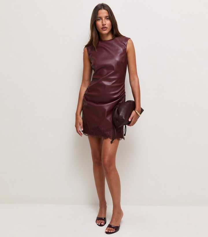 Dark Burgundy Faux Leather Sleeveless Lace Trim Mini Dress