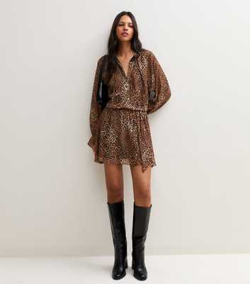 Brown Chiffon Leopard Print Long Sleeve Mini Dress