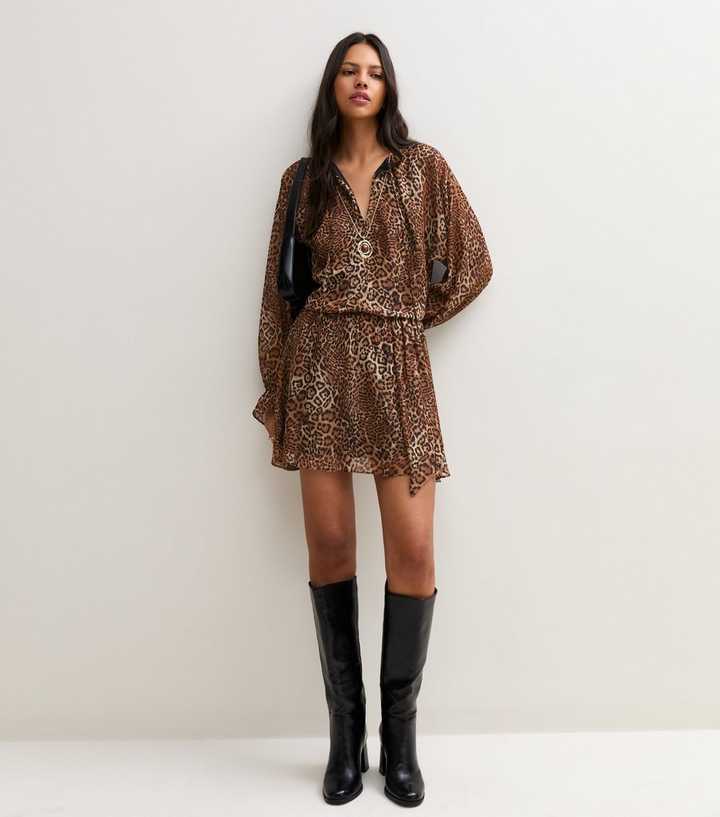 Brown Chiffon Leopard Print Long Sleeve Mini Dress