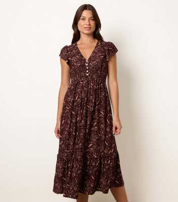 Blue Vanilla Dark Brown Paisley V-Neck Midi Dress