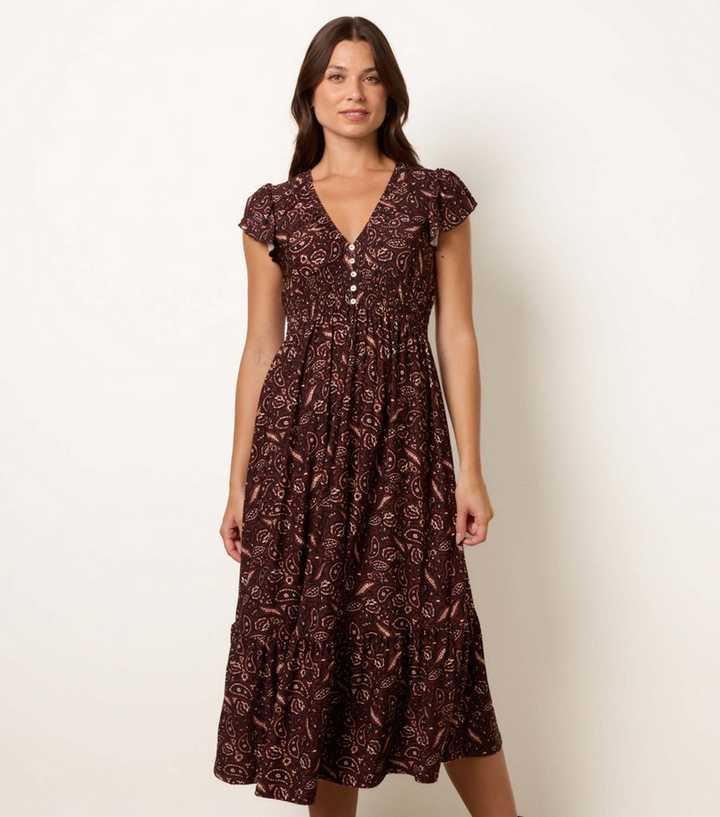 Blue Vanilla Dark Brown Paisley V-Neck Midi Dress