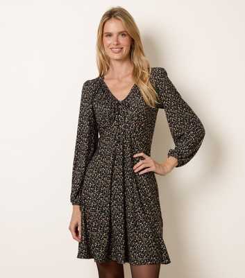 Blue Vanilla Black Floral Print V-Neck Swing Mini Dress