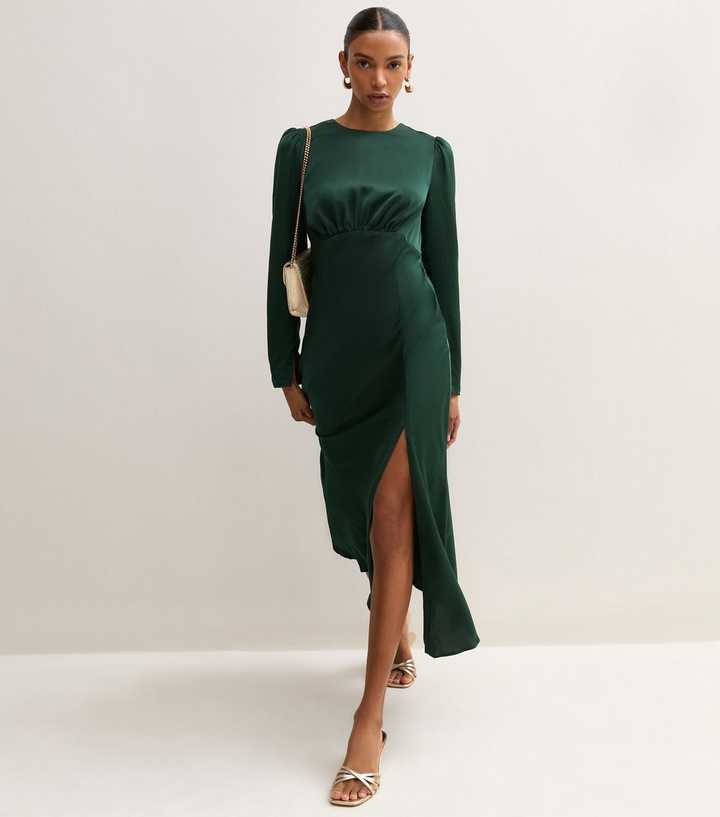 Dark Green Satin Puff Sleeve Side Slit Midi Dress