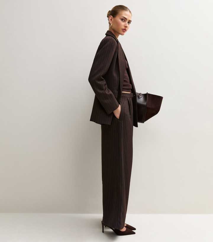 Brown Pinstripe Tailored Wide Leg Trousers