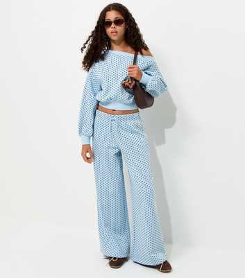 Girls Light Blue With Cotton Polka Dot Print Wide Leg Joggers