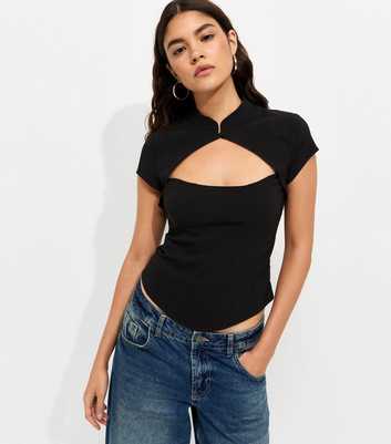 Black Front Keyhole Mandarin Collar Top