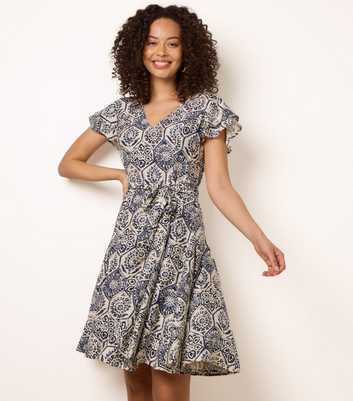 Blue Vanilla Navy Tile Print Flutter Sleeve Mini Dress