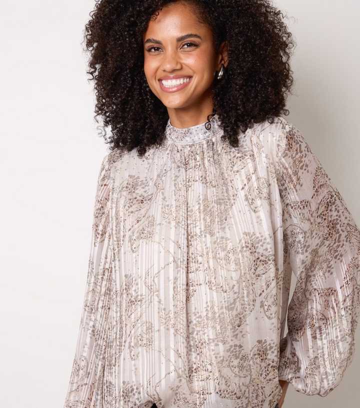 Blue Vanilla Oatmeal Embellished High Neck Puffball Blouse