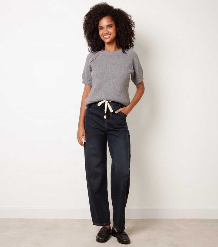 Blue Vanilla Dark Blue Drawstring Barrel Leg Jeans
