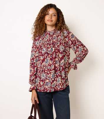 Blue Vanilla Burgundy Frill Neck Smock Neck Long Sleeve Top