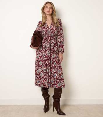 Blue Vanilla Dark Burgundy Floral V Neck Midi Dress