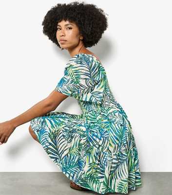 Apricot Blue Leaf Print Puff Sleeve Mini Dress