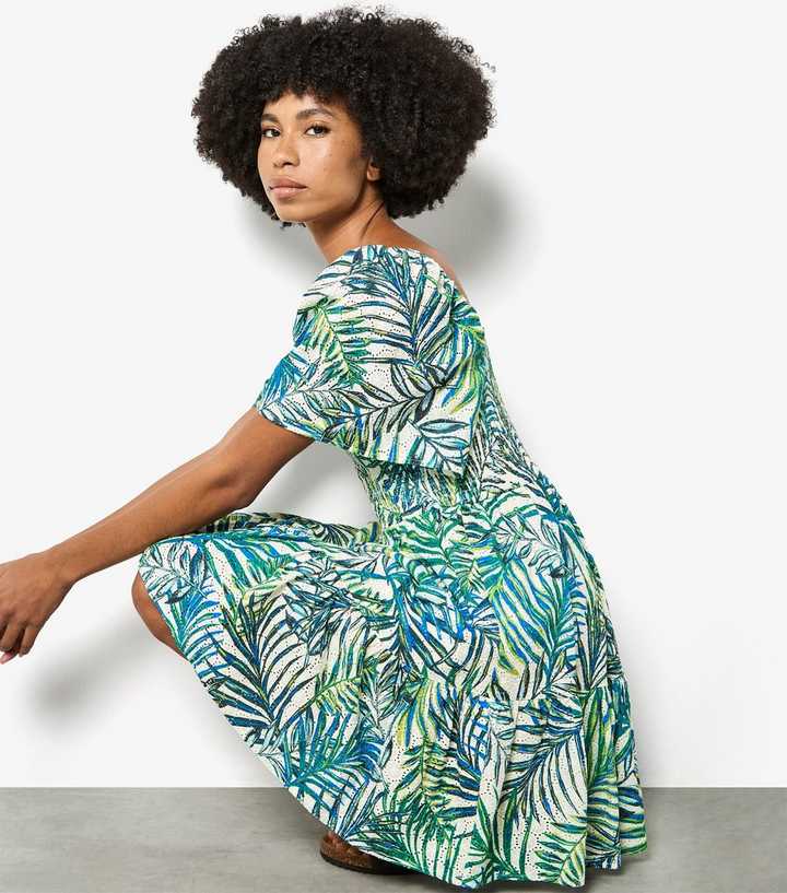 Apricot Blue Leaf Print Puff Sleeve Mini Dress