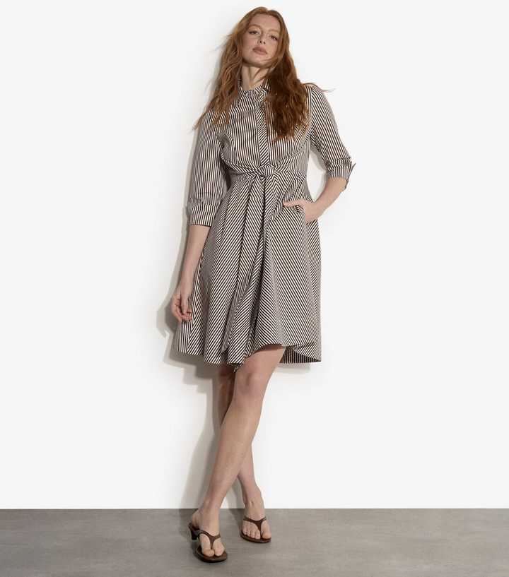 Apricot Brown Striped Tie Front Mini Shirt Dress