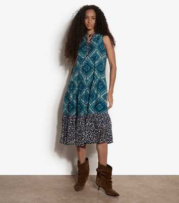 Apricot Teal Geometric Print Sleeveless Midi Dress