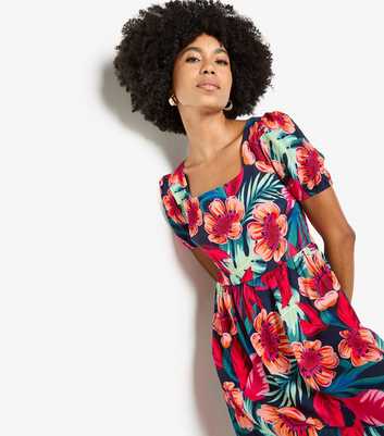 Apricot Red Floral Square Neck Mini Dress