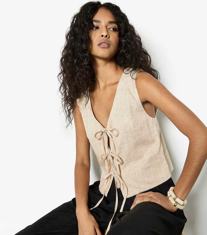 Apricot Stone Linen Rich Tie Front Waistcoat