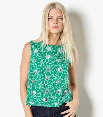Apricot Bright Green Embroidered Sunflower Sleeveless Top