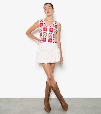 Apricot Red Floral Crochet Button Through Vest