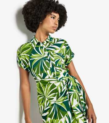 Apricot Green Tropical Leaf Print Mini Shirt Dress