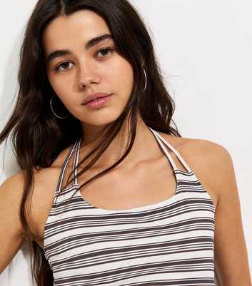 Brown Cotton Rich Striped Strappy Halterneck Top